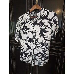 Denim Flower Ricky Singh Black Print Shirt Size Small Floral Leaf Short Sleeve S